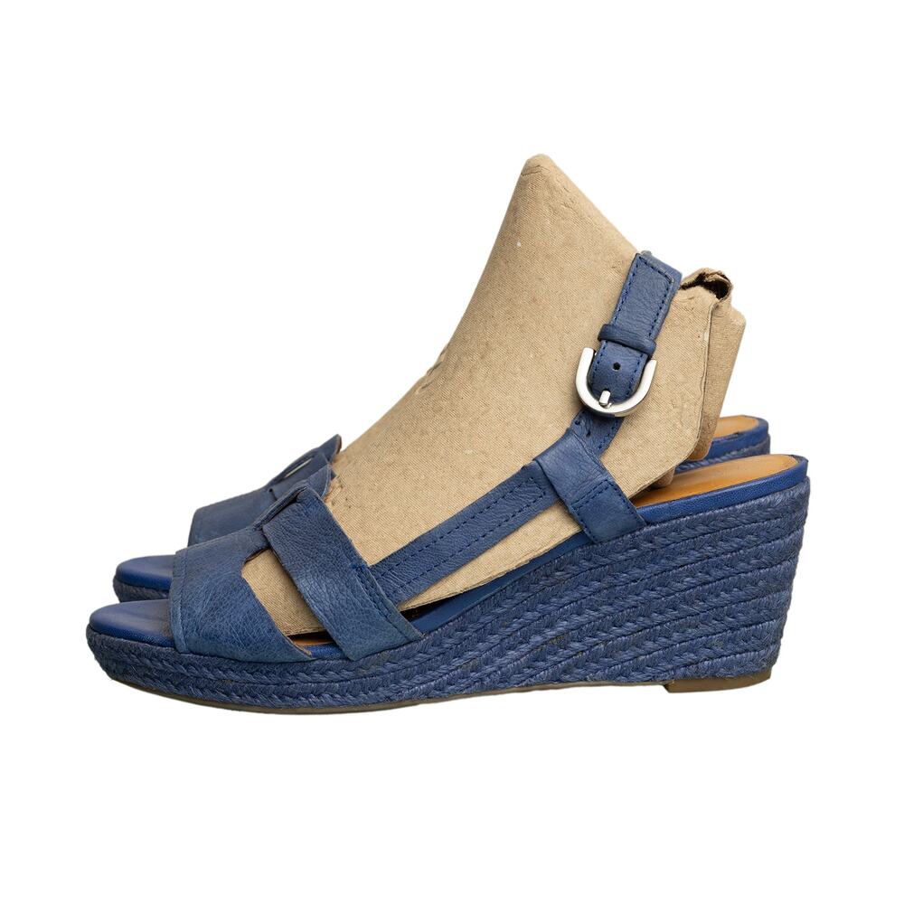 Women's Blue Leather Franco Sarto Crispin Espadrille Wedge Slingback Sandals - 6